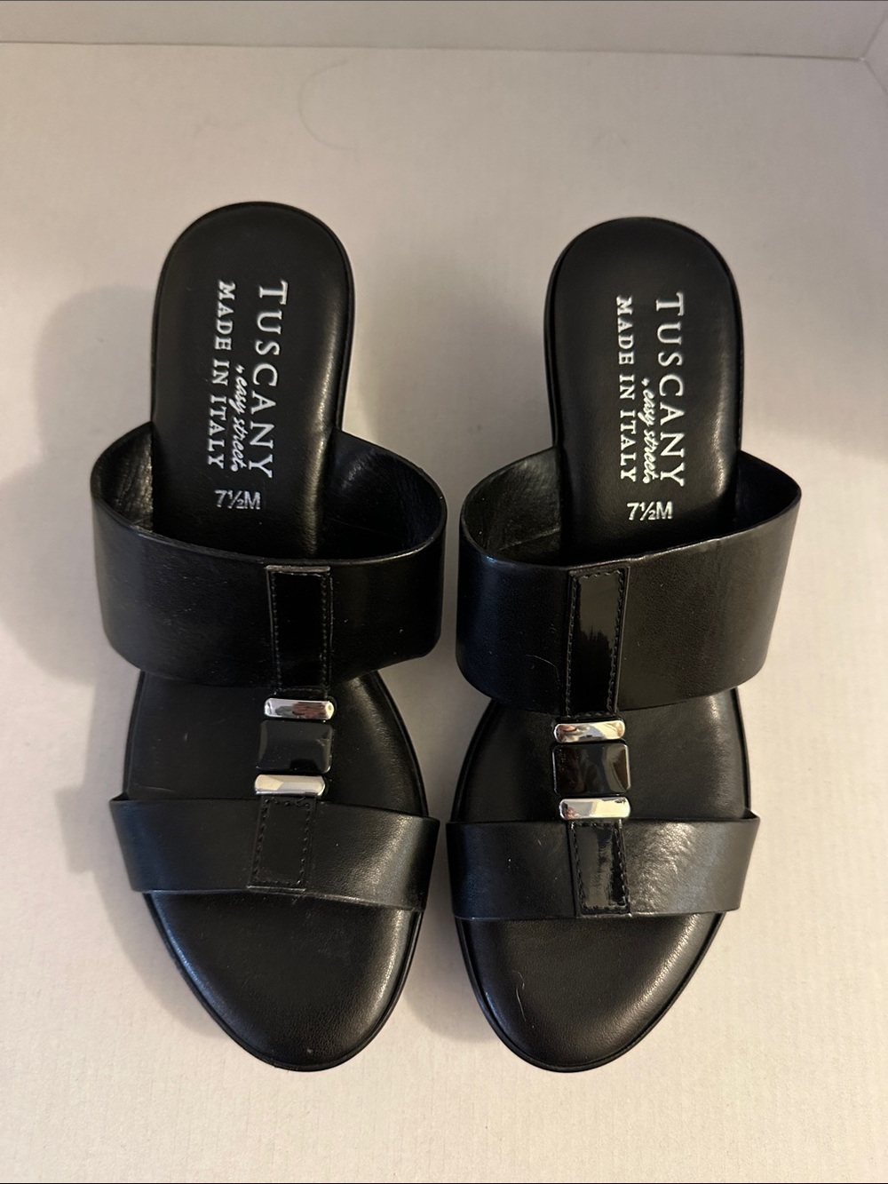 easy street Black Leather Slide Mules with Silver Accents